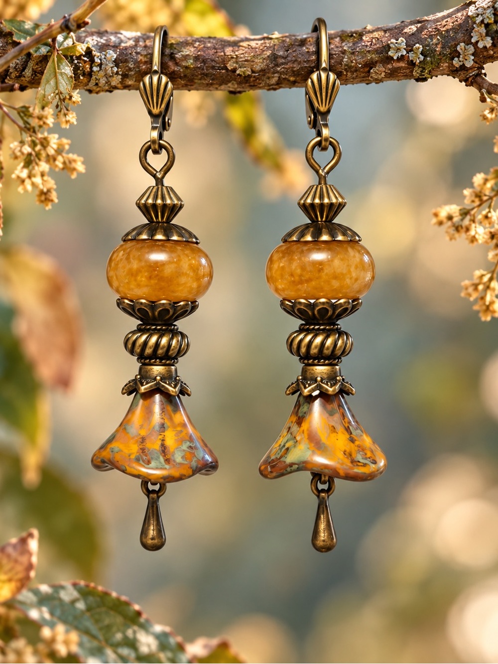 Amber Czech Glass Pumpkin Melon Bead Boho Earrings